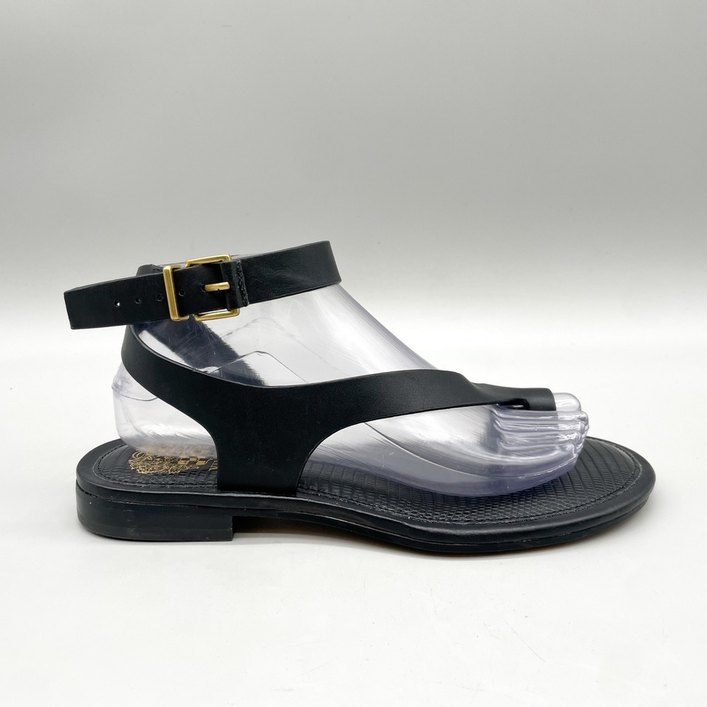 Vince Camuto Womens 8.5M Liba Ankle Strap Toe Loop Flat Sandals Black Leather